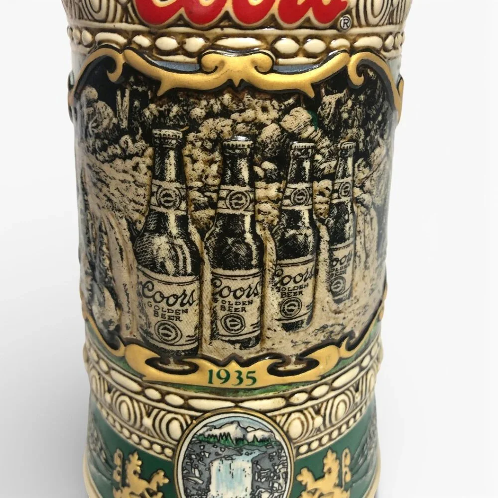 1990 Edition Coors Beer Vintage Stein showing bottles near a waterfall